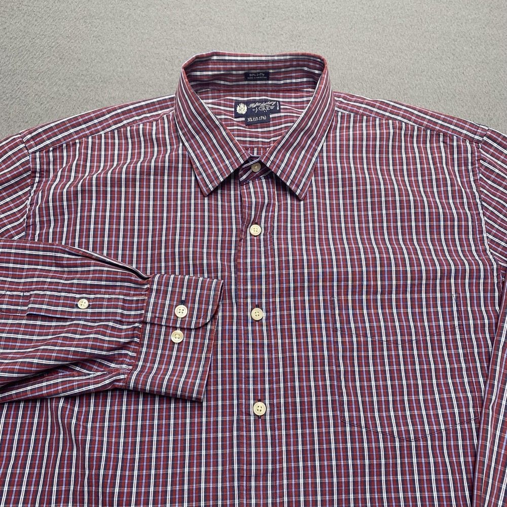 J.Crew Haberdashery Shirtings‎ Shirt Mens XL 17.5 Red Plaid Long Sleeve Dress
